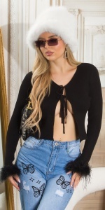Cardigan damă scurt cu șnur decorativ și manșete cu pene – elegant & trendy - Img 3