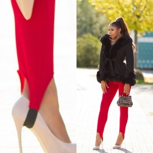 Colanți damă cu ștrampi sub călcâi, talie înaltă, push-up, elastici – Casual & Elegant – Cappuccino / Roșu - Img 3