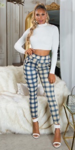 Pantaloni damă cu talie înaltă, model carouri albastru-bej, croială mulată, stil casual-elegant - Img 2