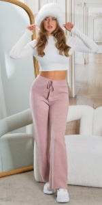 Pantaloni damă roz tricotati tip lounge, croială wide leg, talie elastică cu șnur – stil casual - Img 7