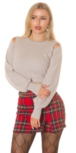Pulover damă scurt cu umeri decupați, mâneci bufante și croi mulat – casual elegant - Img 3