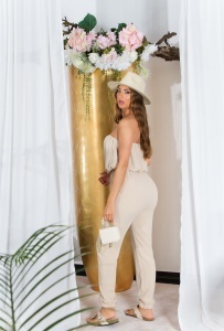 Salopetă Damă Bej Tip Bandeau cu Pantaloni Conici și Buzunare – Elegantă & Casual Chic - Img 2