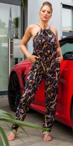 Salopetă damă elegantă cu imprimeu lanțuri, croi lejer, talie elastică, bleumarin