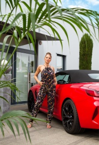Salopetă damă elegantă cu imprimeu lanțuri, croi lejer, talie elastică, bleumarin - Img 11