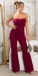 Salopetă elegantă de damă cu pene, pantaloni evazați – model de seară, bretele detașabile