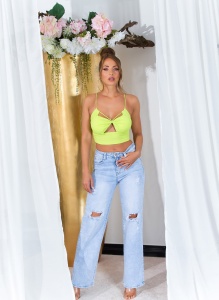 Top Damă Verde Neon Tip Bustieră cu Decupaj Frontal și Bretele Subțiri – Crop Top Casual Sexy - Img 5