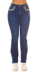 Blugi damă albastru închis cu pietre strass decorative – talie medie, croială bootcut - Img 8