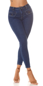 Blugi dama skinny albastru închis, talie înaltă, denim elastic cu buzunare – model push-up - Img 3