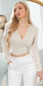 Bluză damă elegantă bej, tip petrecut, cu mânecă lungă și accesoriu decorativ – croială feminină
