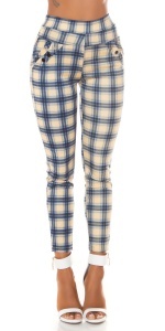 Pantaloni damă cu talie înaltă, model carouri albastru-bej, croială mulată, stil casual-elegant - Img 9