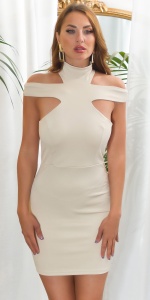 Rochie Bodycon Scurtă cu Umeri Decupați și Guler Înalt, Mulată pe Corp, Elegantă, Roz Pudră / Bej - Img 11