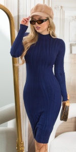 Rochie Midi Tricotată Mulată cu Mânecă Lungă și Guler Înalt – Rochie Casual Elegantă Damă