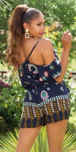 Salopetă damă scurtă de vară, lejeră, cu imprimeu boho, umeri goi și volane - Img 4