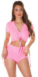 Set damă fitness modelator cu textură Honeycomb, top crop reglabil și pantaloni scurți cu talie înaltă - Img 12