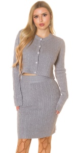 Set tricotat damă 2 piese – cardigan crop cu nasturi și fustă midi, model torsade - Img 4