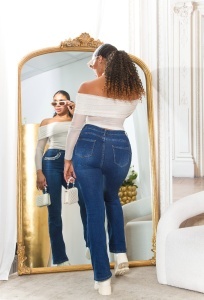 Blugi damă albastru închis cu pietre strass decorative – talie medie, croială bootcut - Img 5