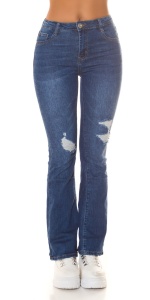 Blugi damă bootcut cu talie medie, albastru denim, cu efect prespălat și rupturi decorative - Img 2