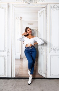 Blugi damă talie înaltă cu elastic și lanț decorativ – Croi conic, Bleumarin - Img 12