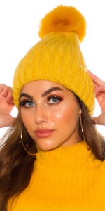 Căciulă damă galbenă tricotată cu pompon puf – Fes călduros de iarnă, stil casual - Img 8