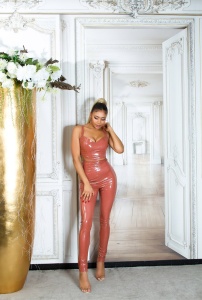 Colanți din latex lucios, talie înaltă, fit mulat – culoare caramel lucios - Img 10
