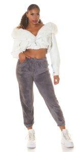 Pantaloni damă jogger plușați gri, talie elastică, lejeri și confortabili - Img 3