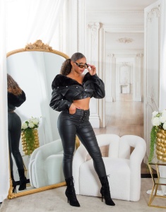Pantaloni damă skinny din piele ecologică cu șiret frontal, talie înaltă, culoare neagră