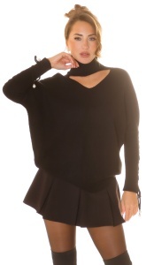 Pulover damă negru elegant cu guler tip choker și decupaj, detalii cu perle, croi lejer - Img 7