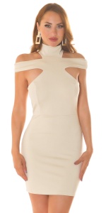 Rochie Bodycon Scurtă cu Umeri Decupați și Guler Înalt, Mulată pe Corp, Elegantă, Roz Pudră / Bej - Img 8