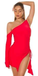 Rochie scurtă damă asimetrică cu un umăr și șnur reglabil, model mulat sexy – Alb/Roșu - Img 5
