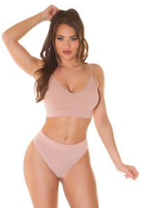 Set lenjerie intimă damă Nude Pink – Bustieră cu bretele subțiri și chilot tanga, material elastic, confort premium