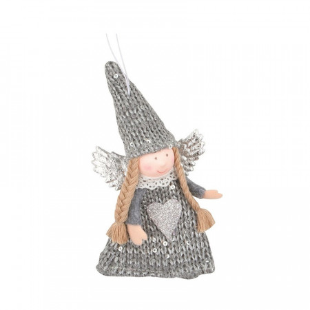 Ingeras tricotat cu paiete, rochie gri, 14 cm