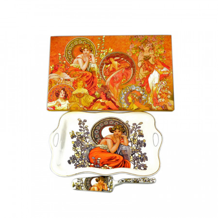 Platou dreptunghiular ceramic pentru fursecuri cu lingura de servire - ALPHONSE MUCHA "Emerald", in cutie cadou decor