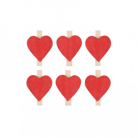 Set 6 inimi rosii pe clestisor lemn, 3 cm