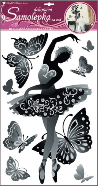 Sticker camera cu sclipici-balerina si fluturi cu argintiu sclipici