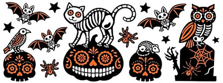 Sticker geam cu sclipici, motive de Halloween - pisica, bufnita si lilieci, 59 x 21 cm