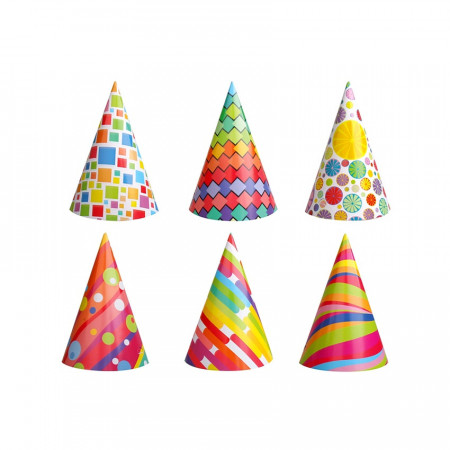 Set 6 coifuri party din hartie - multicolore cu modele, 16 x 11 cm