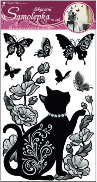 Sticker camera cu sclipici-pisica si fluturi cu argintiu sclipici