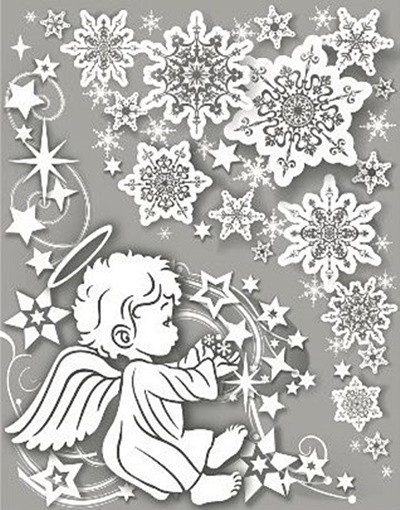 Sticker geam cu motive de iarna - ingeras cu fulgi si stele, 38 x 30 cm