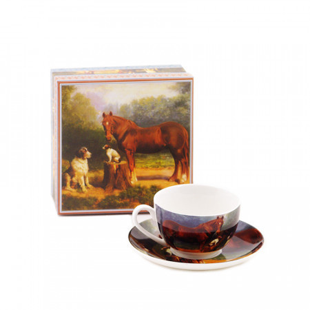 Cana ceai ceramica cu farfurie in cutie cadou decor - desen cai