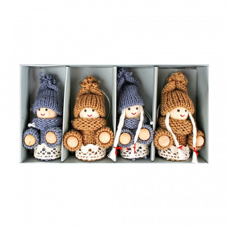 Set 4 papusi cu hainute crosetate - gri si maro, 7 cm