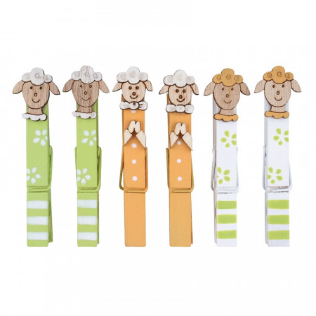 Set 6 mielusi din lemn, pe clestisori din lemn - fundal alb-portocaliu-verde,, 8.5 cm