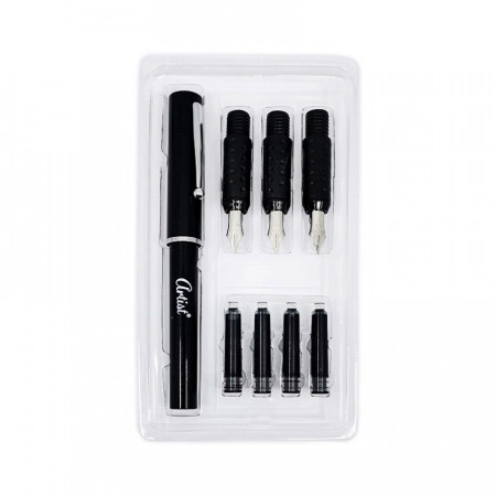 Set caligrafie cu stilou, 3 varfuri, 4 rezerve de cerneala