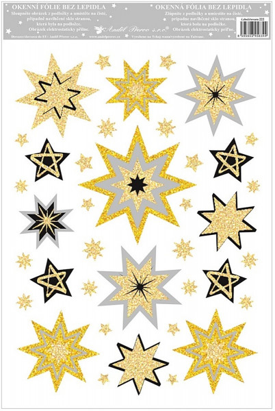 Sticker de iarna pentru geam - stele aurii si colorati, cu sclipici, 20 x 30 cm