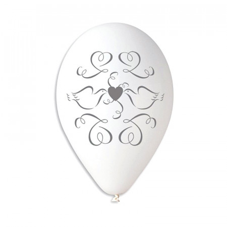 Baloane Gemar - 30 cm, alb cu porumbei si inimioare, set 100 buc.