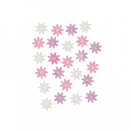 Set 24 flori din lemn vopsit - alb-roz-mov, 2 cm