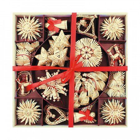 Set 56 ornamente din paie pentru bradul de Craciun, in cutie