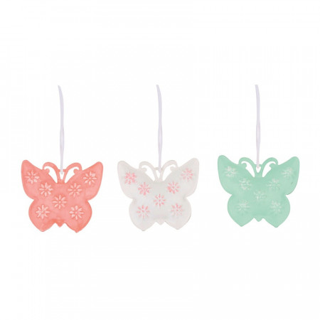 Set 6 fluturi din metal pentru agatat - culori pastelate cu floricele, 4 cm