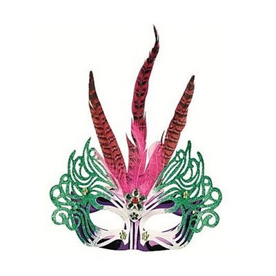 Masca carnaval - verde cu pene roz, 29 x 30 cm