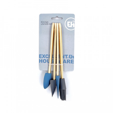 Set 4 ustensile de bucatarie din silicon, cu maner de lemn