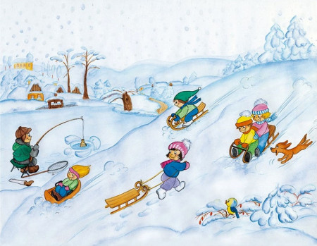 Sticker de iarna pentru geam - copii la saniusi, 42 x 30 cm